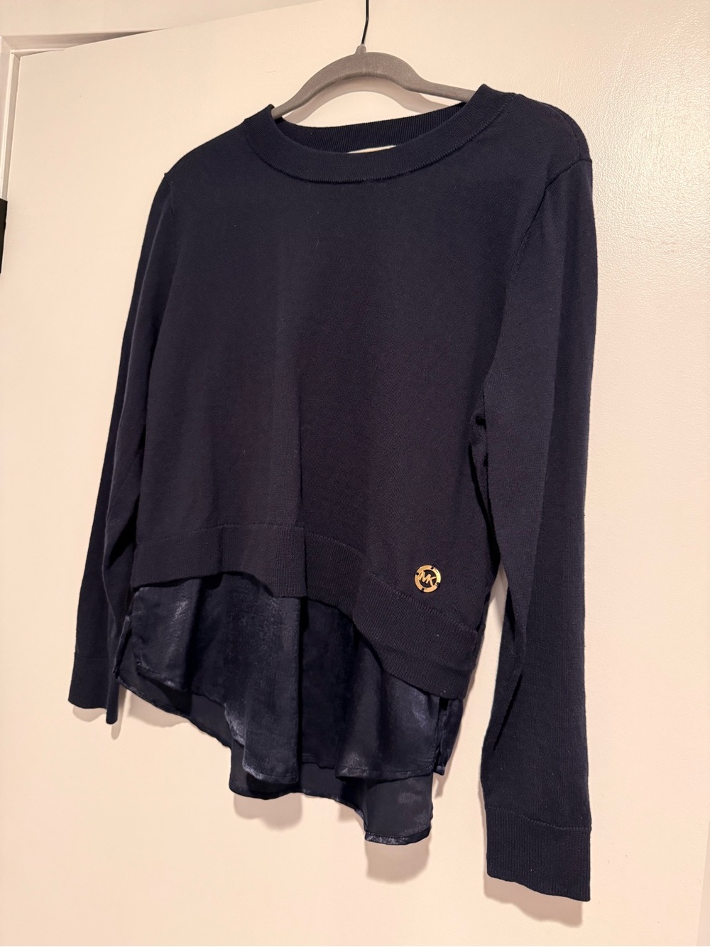 Michael Kors Navy Crewneck Sweater with Satin Layered Hem